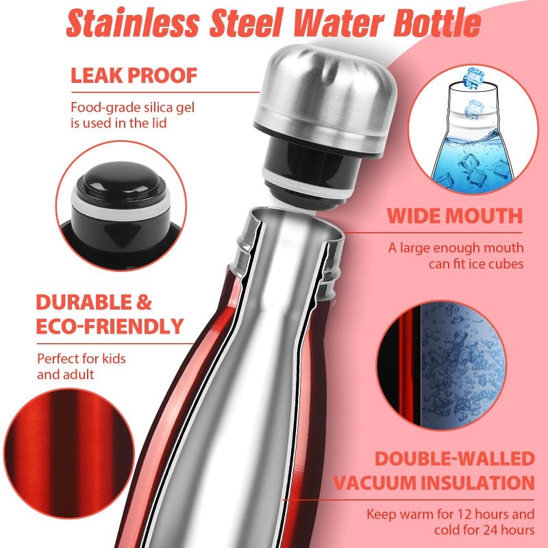 Sfee Insulated Water Bottle, 17oz Stainless Steel Water Bottles, Double Wall Vacuum Reusable Water Bottles Leak Proof BPA-FREE Sports Bottle Cup Keep Hot&Cold for Running Gym Workout Cycling Kids(Red) - Image 3